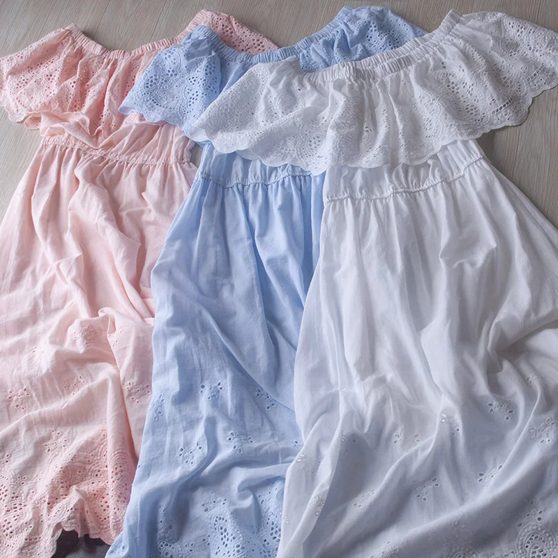 

TIYIHAILEY Free Shipping 2020 New Cotton Embroidery Dress Summer Long Mid Calf White Blue Pink Japan Style Slash Neck Dresses