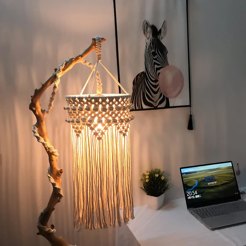 

Bohemian Nordic Style Cotton Rope Hand-knitted Lampshade Macrame Wall Hanging Lamp Decoration For Living Room Tassel Tapestry