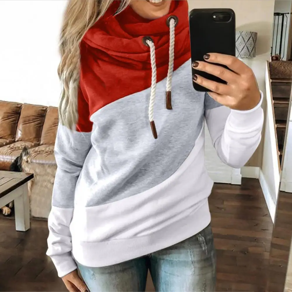 

New Hoodies Oversized Women Cowl Neck Color Block Striped Drawstring Hoodie Pullover Sweatshirt Top Street wear CasualAll-match