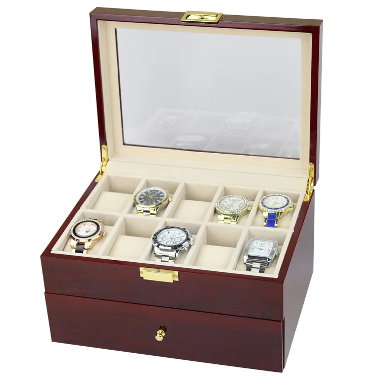 

Collection Wood Finish Watch Case Display Storage Watch Box Chest With Glass Clear Viewing Top Holds 20 Watches 2 Layer Storage