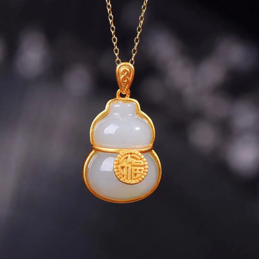 

Натуральный 925 инкрустированный кулон Hetian Jade Fu с изображением тыквы