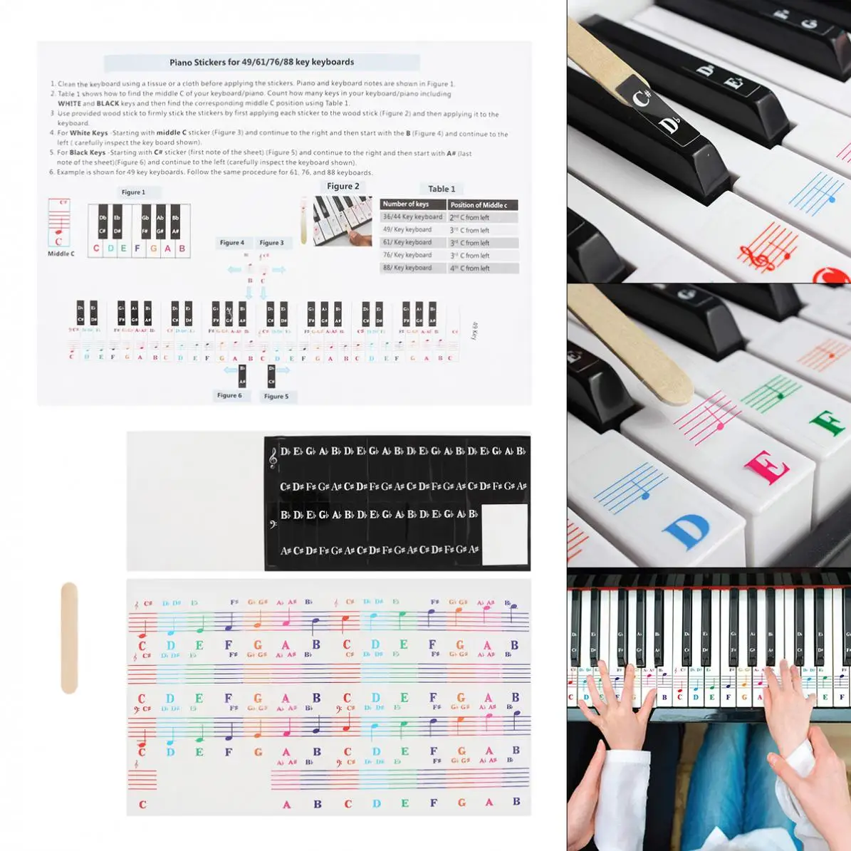 

25/49/54/61/76/88 Color Transparent Piano Keyboard Stickers Electronic Keyboard Key Piano Stave Note Sticker Symbol