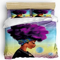 Bedding Set Traditional African Black Women With Purple Hair Afro Hairstyle 3d Print Floral Duvet Cover By Ho Me Lili