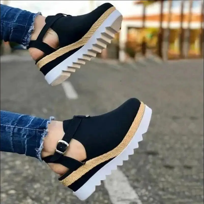 

Women's Sandals Vintage Wedge Shoes Woman Buckle Strap Straw Thick Bottom Flats Platform Sandals Flock Female Shoes