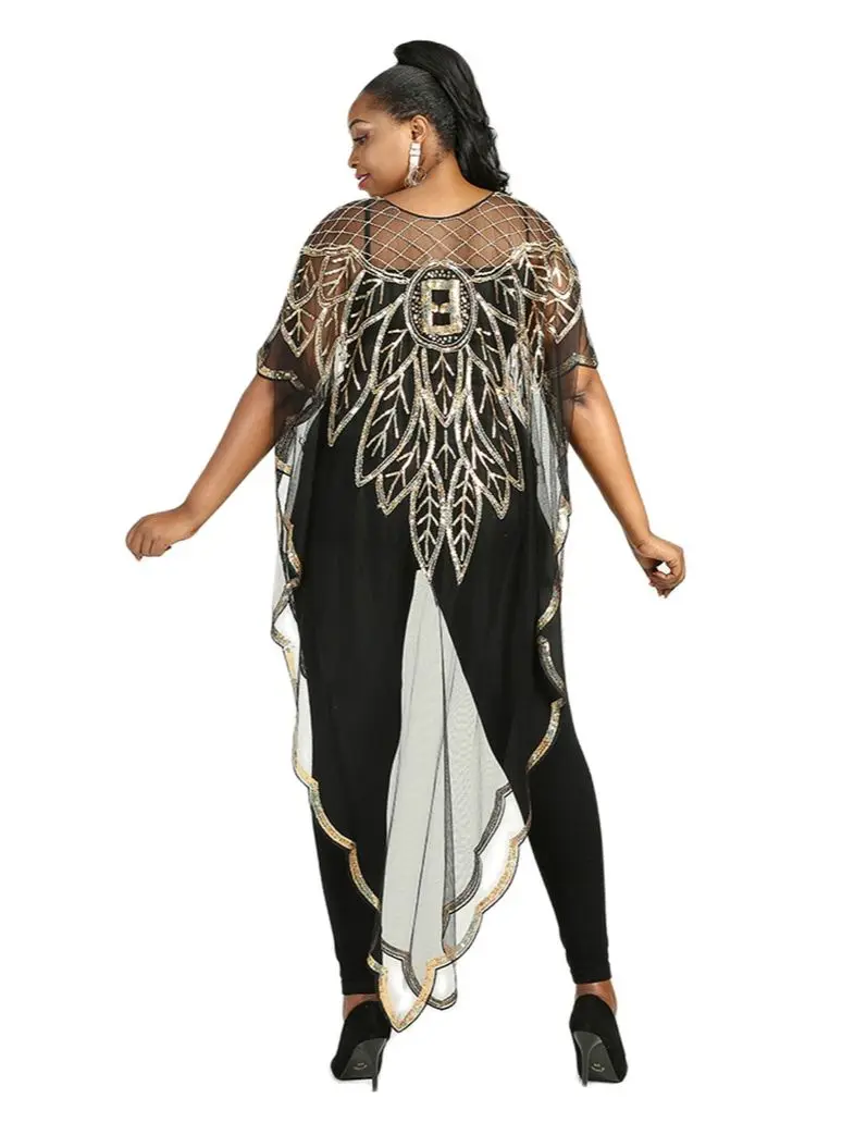 

New Style African Women's Fashion Dashiki Abaya Stylish Net Tulle Fabrics Sequin Lace Beaded Loose Versatile Dress Free Size