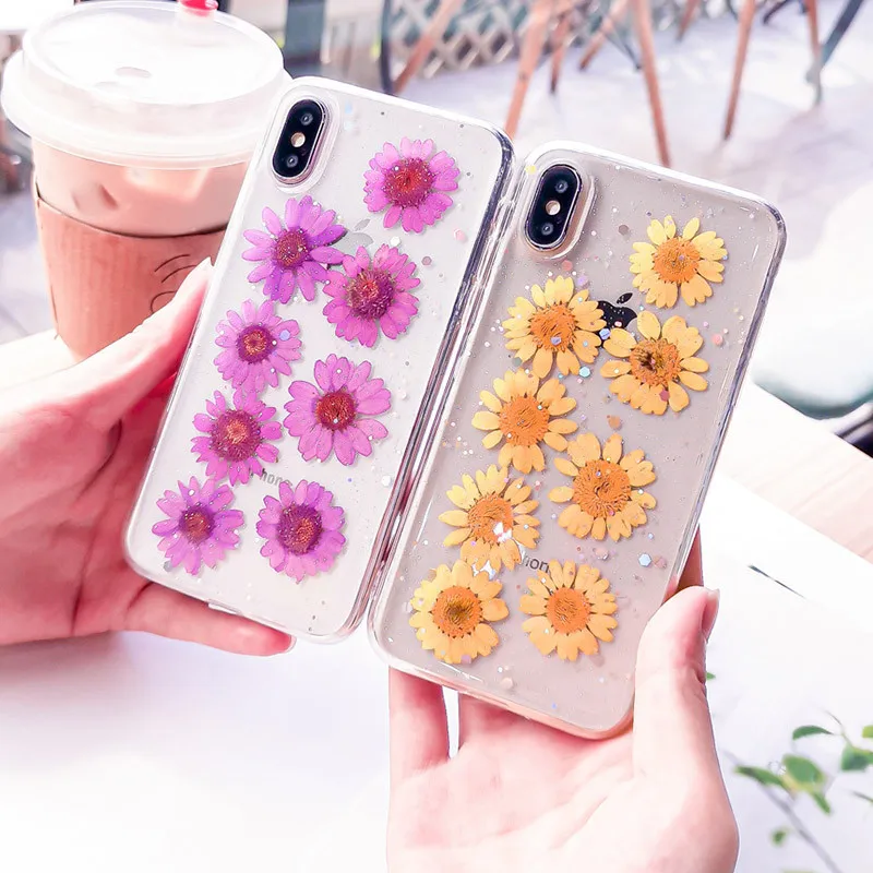 Чехол для телефона с настоящими цветами и сушеными iPhone X XS XR Max 6 S 7 8 Plus прозрачная