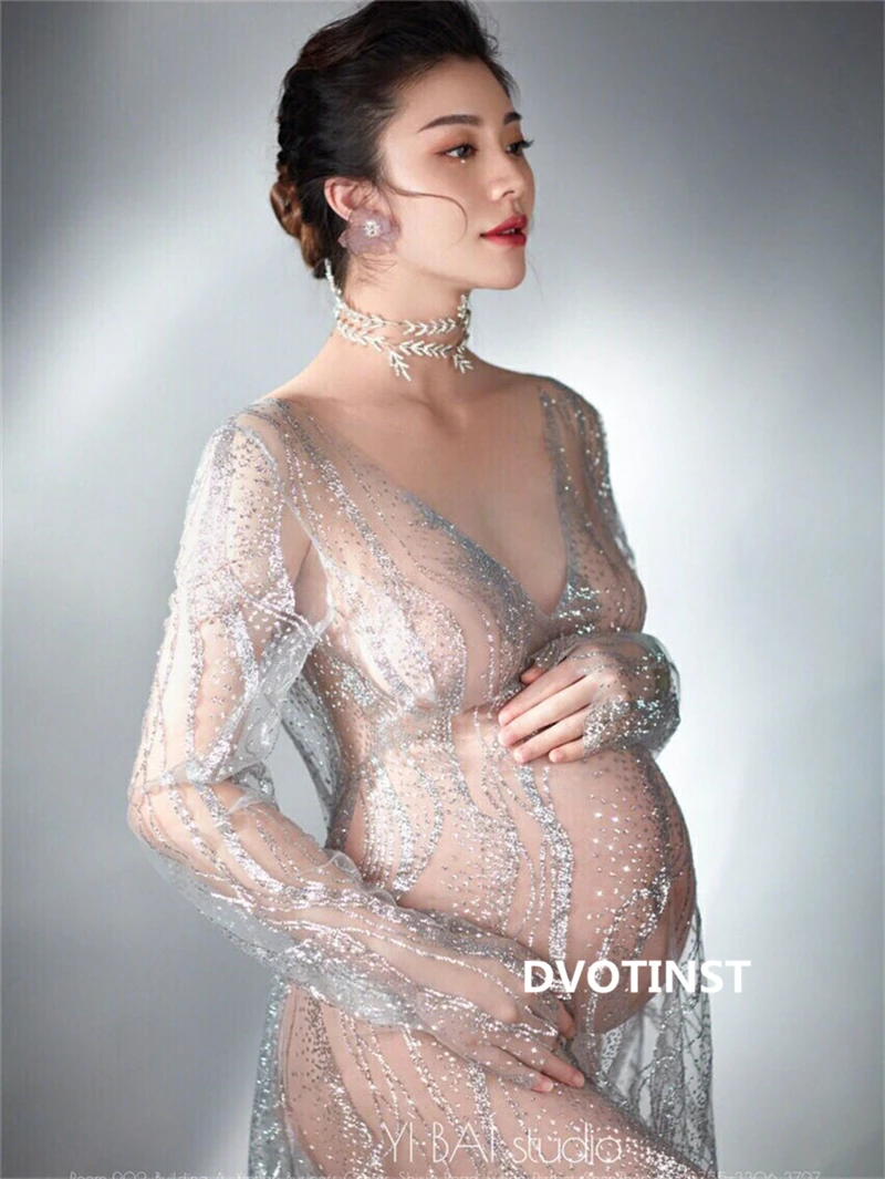 Dvotinst Women Photography Props Perspective Blingbling Maternity Dresses Full Sleeves Pregnancy Dress Studio Shoot Photo Props enlarge