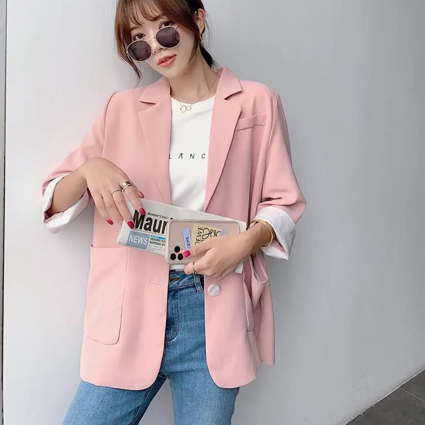 

Lauri Laki Elegant Single Breasted Blazer Jacket Women Summer 2021 Vintage Office Ladies Solid Thin Blazer Suits Coat Outerwear