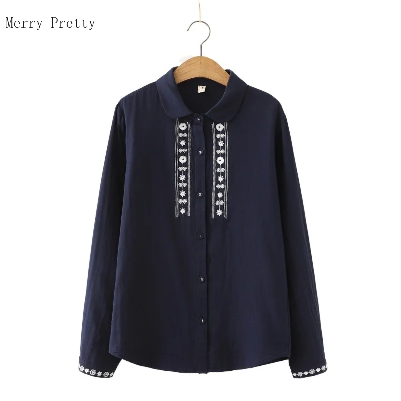 

Floral Embroidery Chic Single Breasted Casual Women Cotton Shirts 2021 Summer Vintage Full Sleeve Turndown Collar Ladies Top