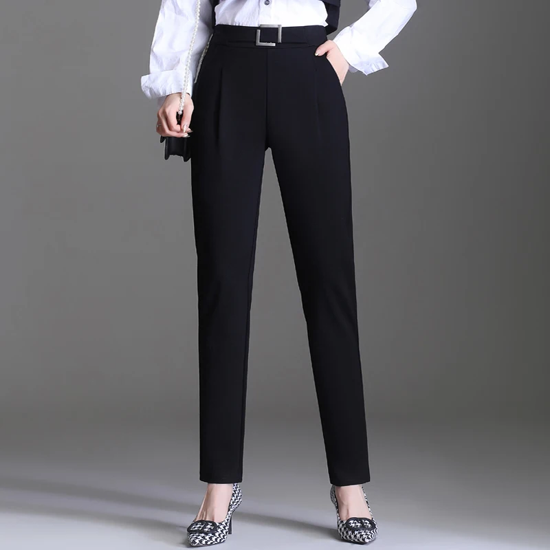Фото Женские офисные прямые брюки OUMENGKA черные с высокой талией в винтажном стиле для