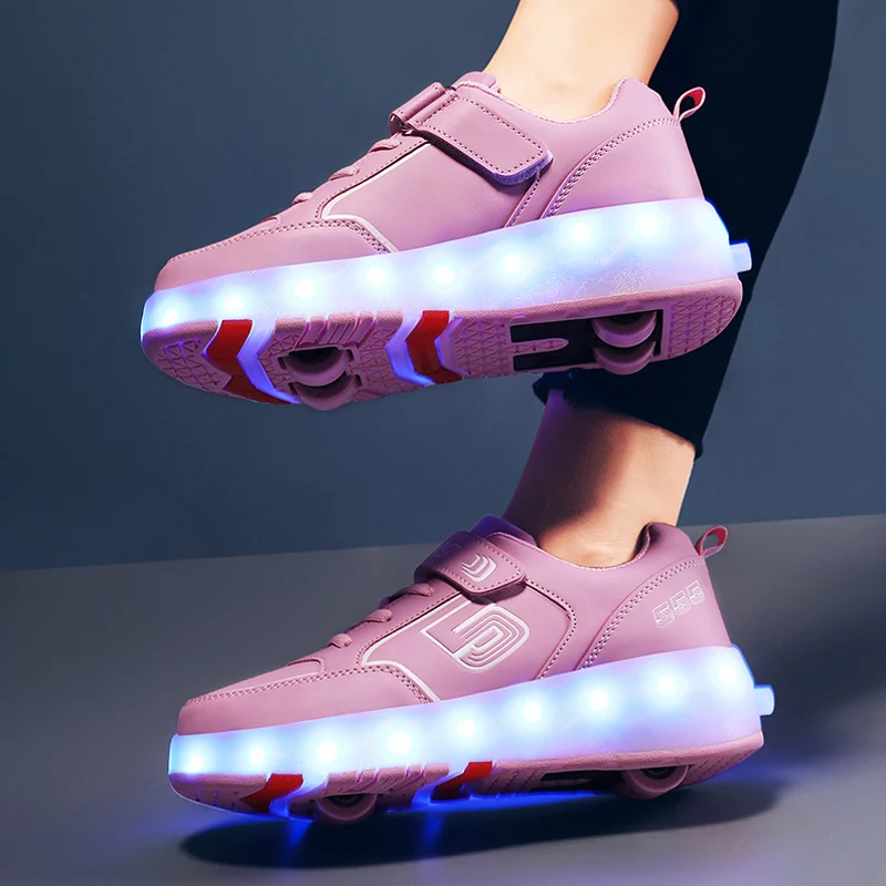 Roller Sneakers 4 Wheels Children Kids Girls Boys Babys 2021 Gift Fashion Sports Casual Led Light Flashing Running Skate Shoes | Детская