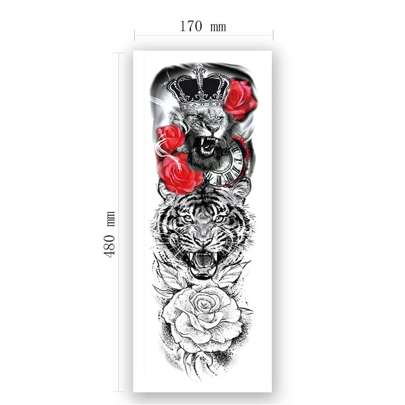 

Large Arm Sleeve Tattoo Lion Crown King Rose Waterproof Temporary Tatoo Sticker Wild Tiger Clock Women Men Full Arm Totem Tattoo