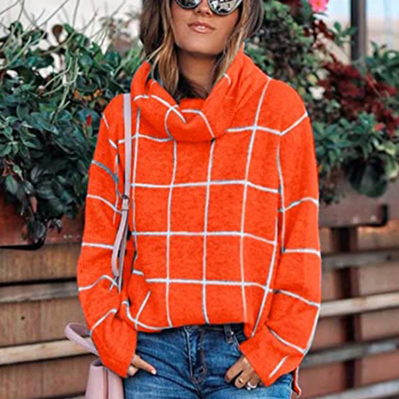 

Plus Size Women Knitted Sweaters Turtleneck Plaid Loose 2020 Winter Elegant Pullovers