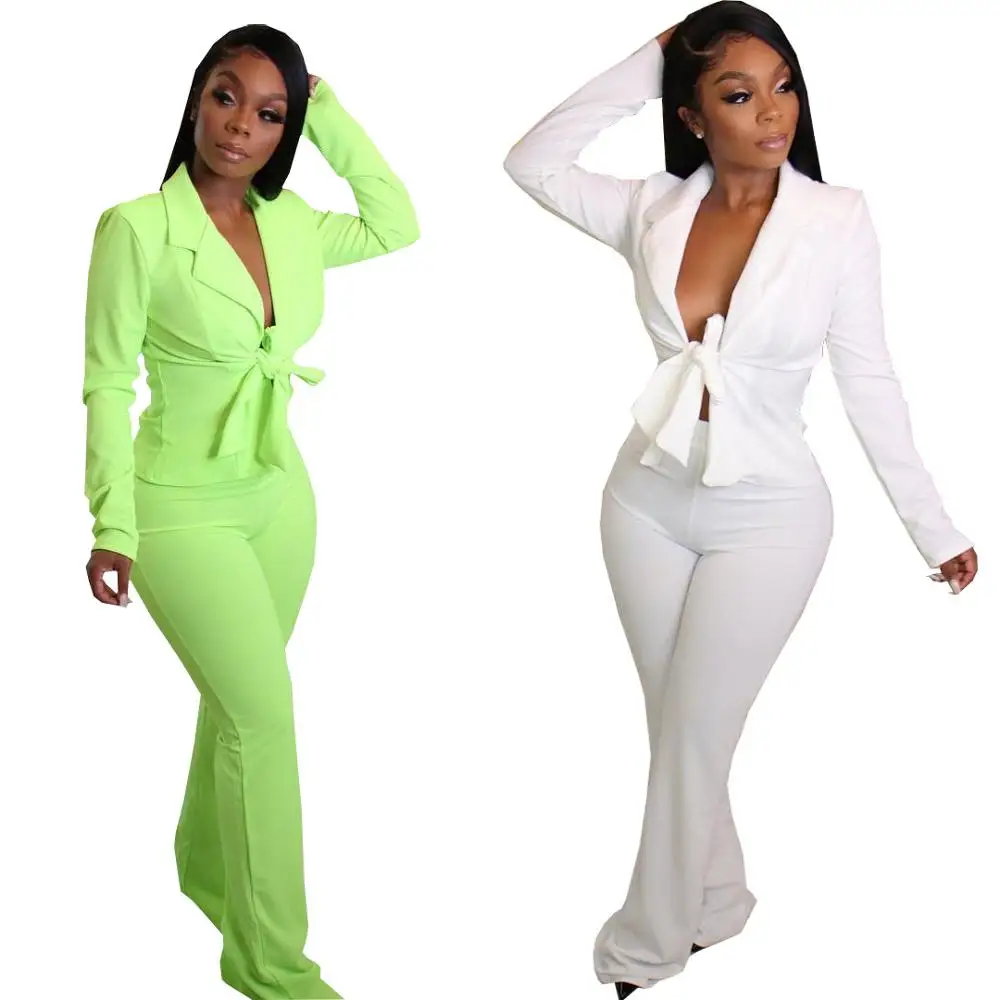 Новый модный сексуальный блейзер с завязками топ и набор длинных брюк однотонный