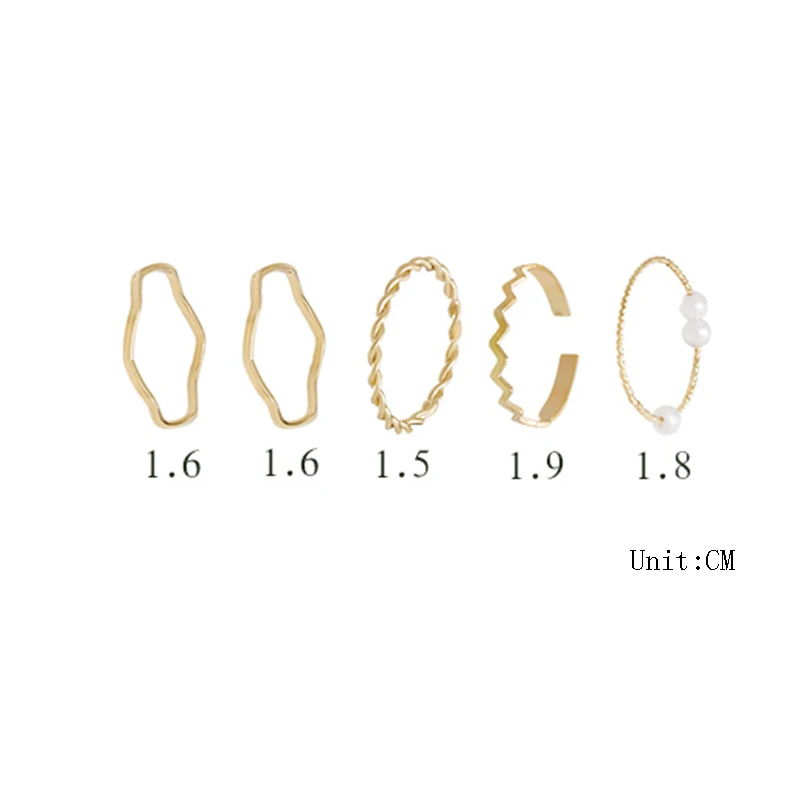 

Original Design Gold Color Pearl Wave Geometric Rings Set For Women Fashion Chic Twist Open Ring Joint Ring Female Jewelry 5 Pcs