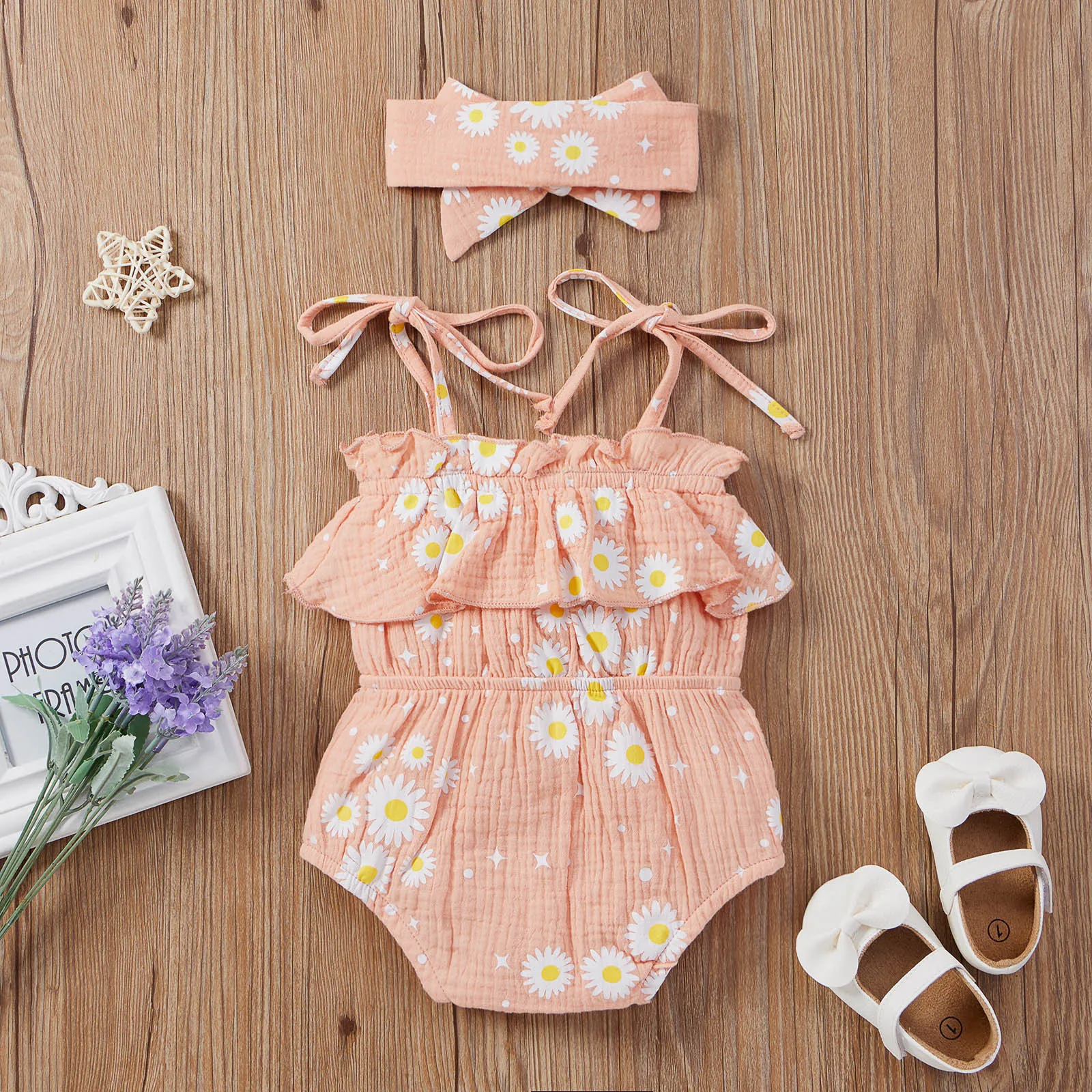 Боди с цветочным принтом ромашки повязкой на голову боди для маленьких девочек