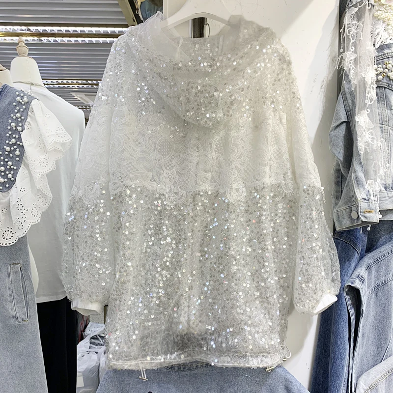 

Sun Protection Shirt Women's Ins Refined Handmade Lace Sequins Jacket Hoodie Top Summer Loose Casual Thin Coat