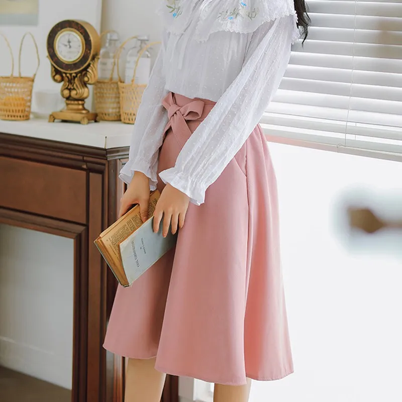

Elegant Temperament Women Skirt High Waist Pleated Knee Length Skirt Vintage A Line Big Bow Skirts