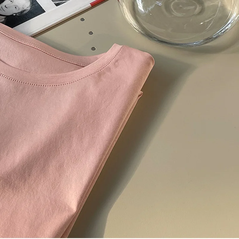 

Summer Simple Solid All-match Slim Waist Cotton Tshirts Women Casual Loose Comfort Fit T-shirt Fashion O-neck Woman Tee 2021