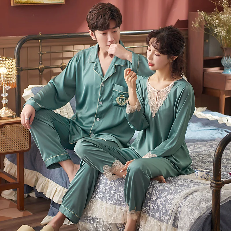 

Couple Pajamas Sets 2021 Spring 2PCS Rayon Sleep Suit Sweet Lace Floral Trim Sleepwear Nightwear Lingerie M-3XL Loose Home Wear