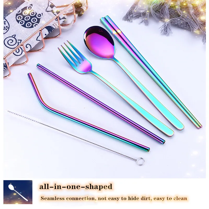 Набор Цветной столовой посуды из искусственной соломы сумка нержавеющей стали 304