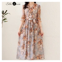 hangzhou silk dress womens middle length 2021 new style temperament close waist thin printed mulberry silk skirt summer