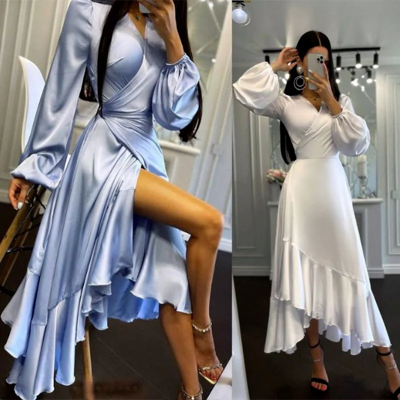 

Ladies Retro Belt Satin Elegant A-line Party Dress Long Sleeve Sexy V-neck Temperament Waist Irregular Silk Birthday Party Dress