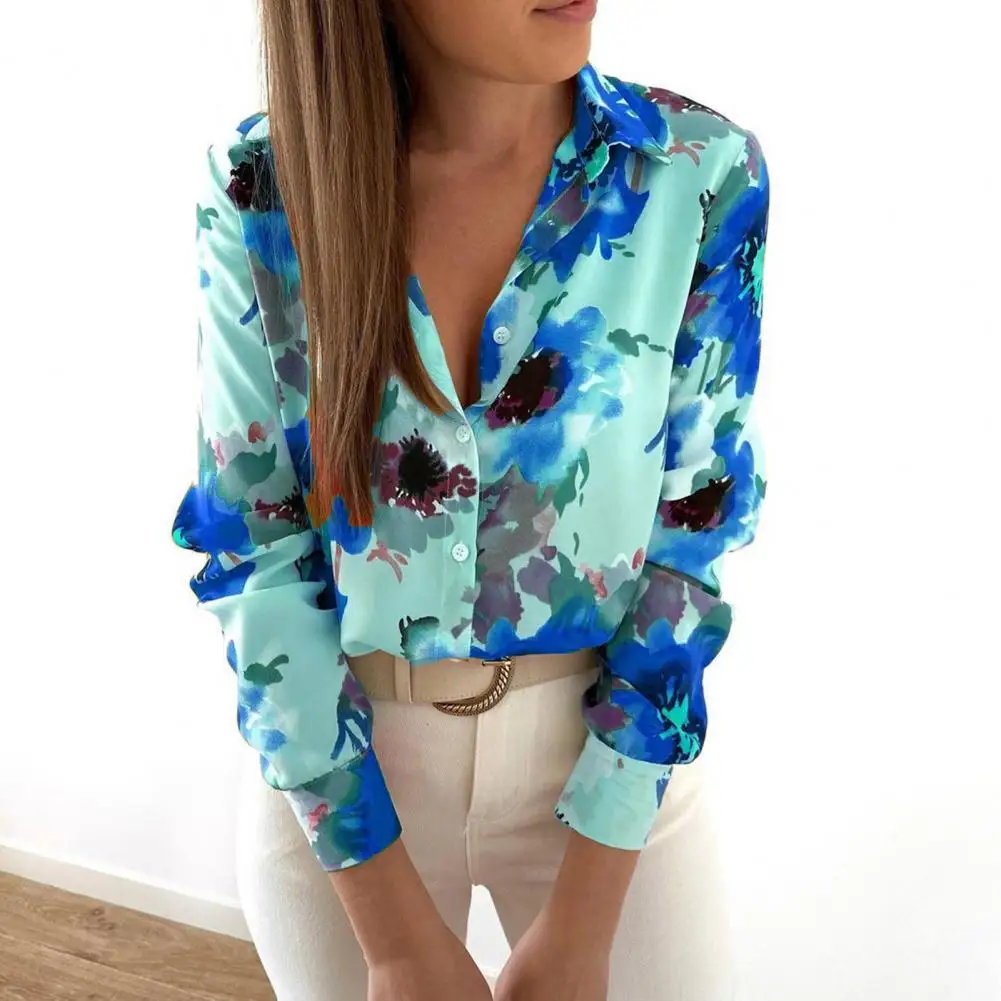 

Woman 2021 Summer Casual Blue Print Shirt Fashion Lapel Single-breasted Long Sleeve Shirt Loose Large Size Chic Floral Shirt