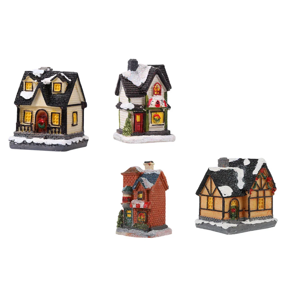 

4PCS Xmas Luminous Resin Small House Micro Landscape Xmas Luminous House Decor