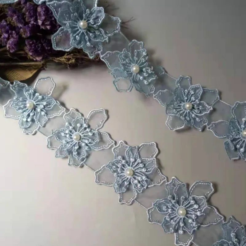 20 шт./лот 8 см ткань с вышивкой из органзы синими лепестками и цветами кружевная