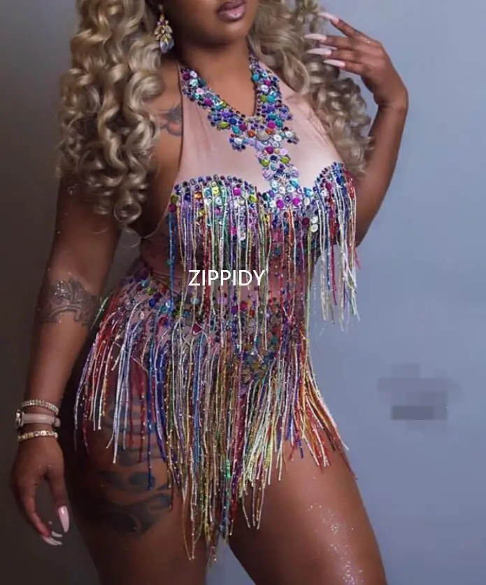 Женское боди с бахромой и стразы яркое женское трико для ночного клуба