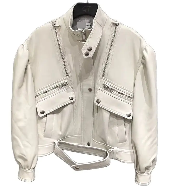 Chaqueta de cuero auténtico para motocicleta, abrigo de piel de oveja importada de Nueva Zelanda con mangas de burbujas