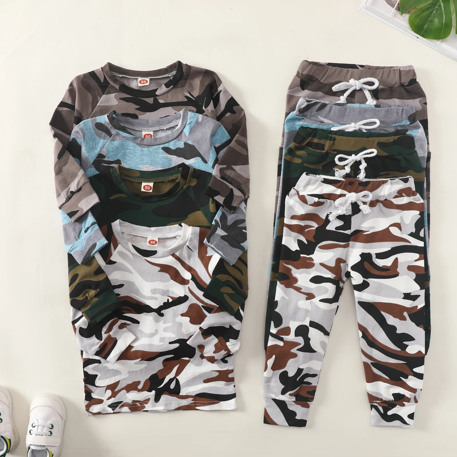 

2Pieces Kids Casual Set Baby Boys Clothing Camouflage Print Round Neck Long Sleeve Pullover Tops Drawstring Trousers 1-4 Years