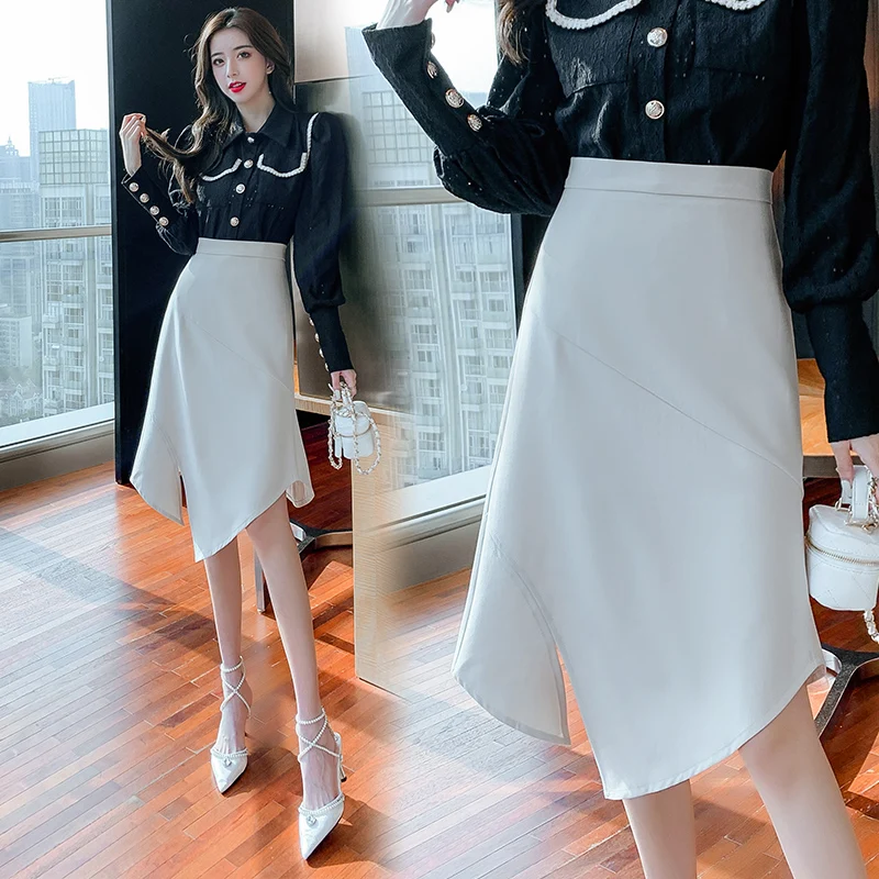 

A-line skirt women's 2021 autumn and winter mid length hip skirt high waist thin irregular design split skirt