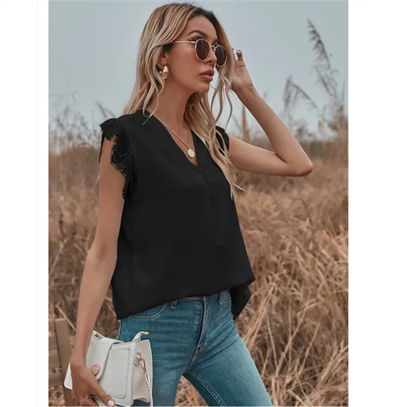 

2021 Summer Women Lace OL T-shirts Sexy Casual O-neck Tanks Crop Top