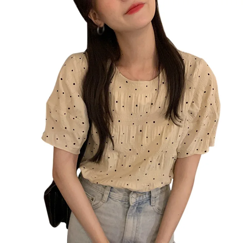 

Summer Retro Minimalist Agende Blouses Spot Round Neck Pleated Loose Short-sleeved Tops