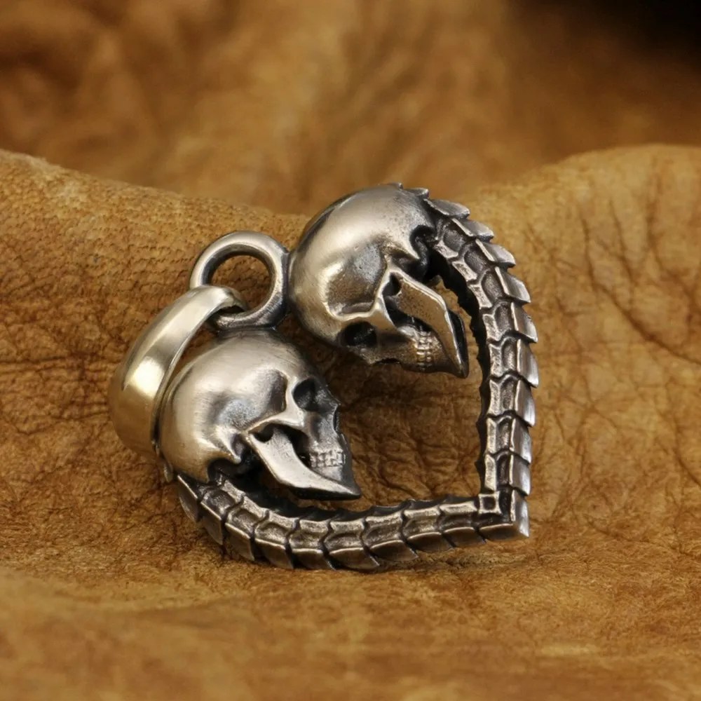 

LINSION Double Skulls Heart Cupronickel Mens Biker Rock Punk Pendant CP168 JP