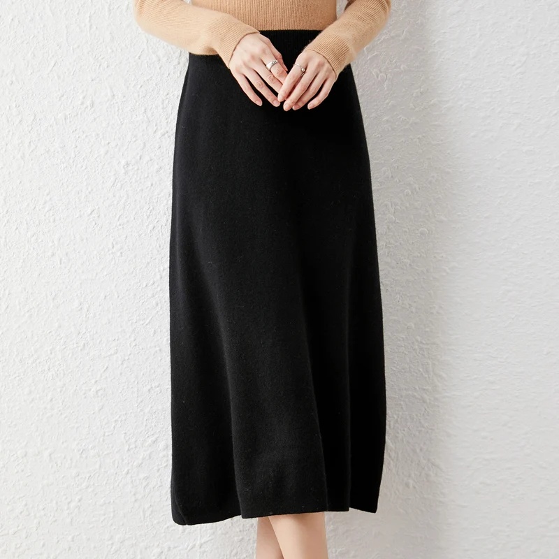 Новинка 2021 Женская осенне-зимняя юбка средней длины из 100% чистой шерсти