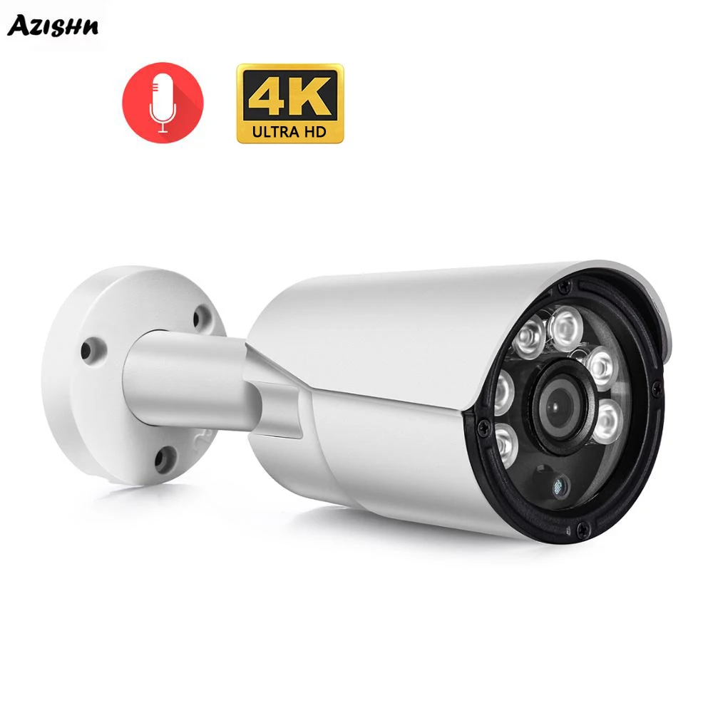 AZISHN Bullet IP Camera 4K 8MP 3840*2160 Infrared Security Audio Recording Outdoor Metal 4MP CCTV Su