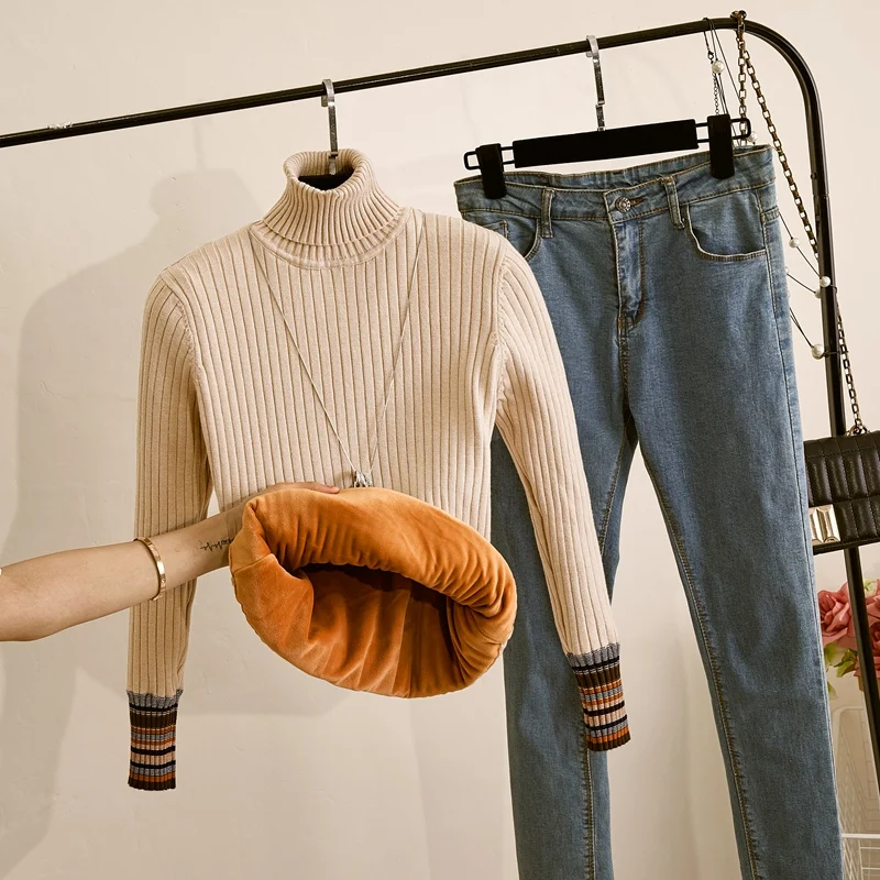 Женский свитер с высоким воротом GIGOGOU теплый толстый вязаный пуловер в рубчик