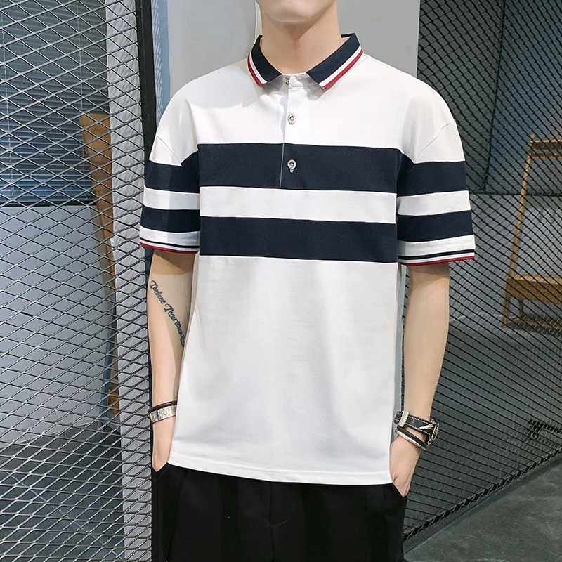 

2021 summer new short-sleeved POLO shirt striped casual badminton sports high-quality top five-point sleeves