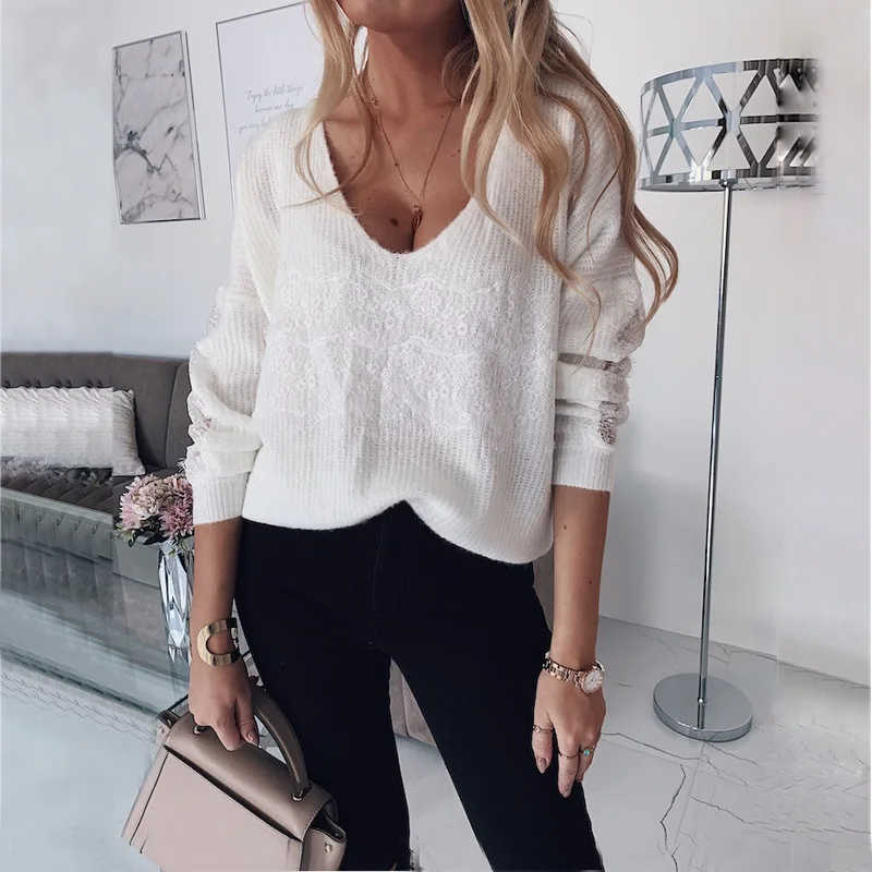Long Sleeve Sweaters Autumn Fashion Lace Openwork Sweater Pullover Loose Thin Casual Sexy V Neck Knitted | Женская одежда