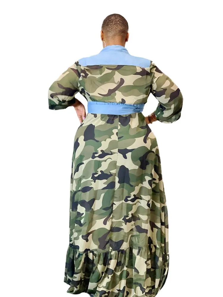 

Autumn Camouflage Shirt Dress African Clothing Fashion Dashiki Women Lapel Long Sleeve Button Stitching Printed Long Skirt 2021