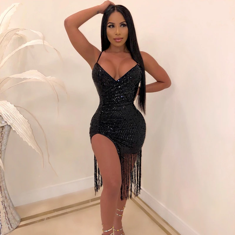 Сексуальное мини платье с блестками для женщин 2021 осень глубоким v образным