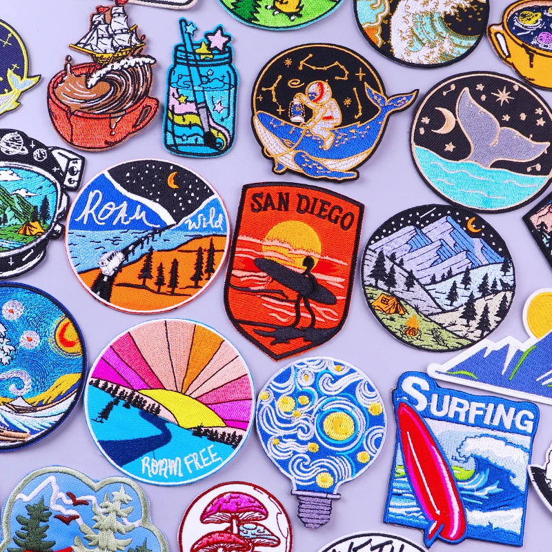 

Prajna Van Gogh Patches For Clothing Stickers Mountain Adventure Badges Stripes Iron On Patches On Clothes Wave Embroidery Patch