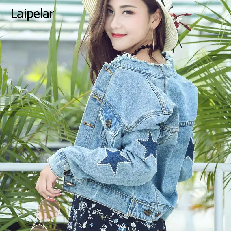 2020 синие короткие джинсовые куртки со звездами и бусинами Свободные корейские