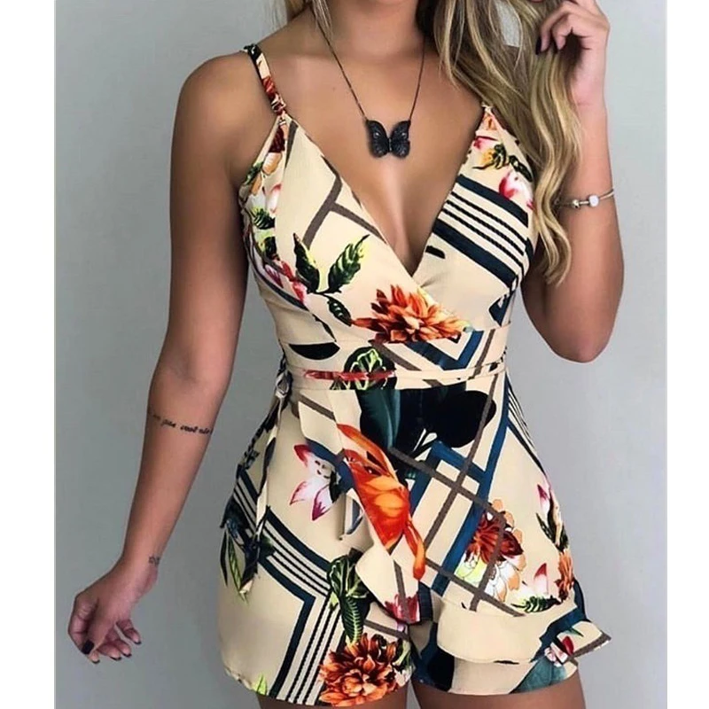 

Women Summer Elegant Floral Print Sleeveless Deep V Neck Casual Print Jumpsuit Summer Romper Women Jumpsuit