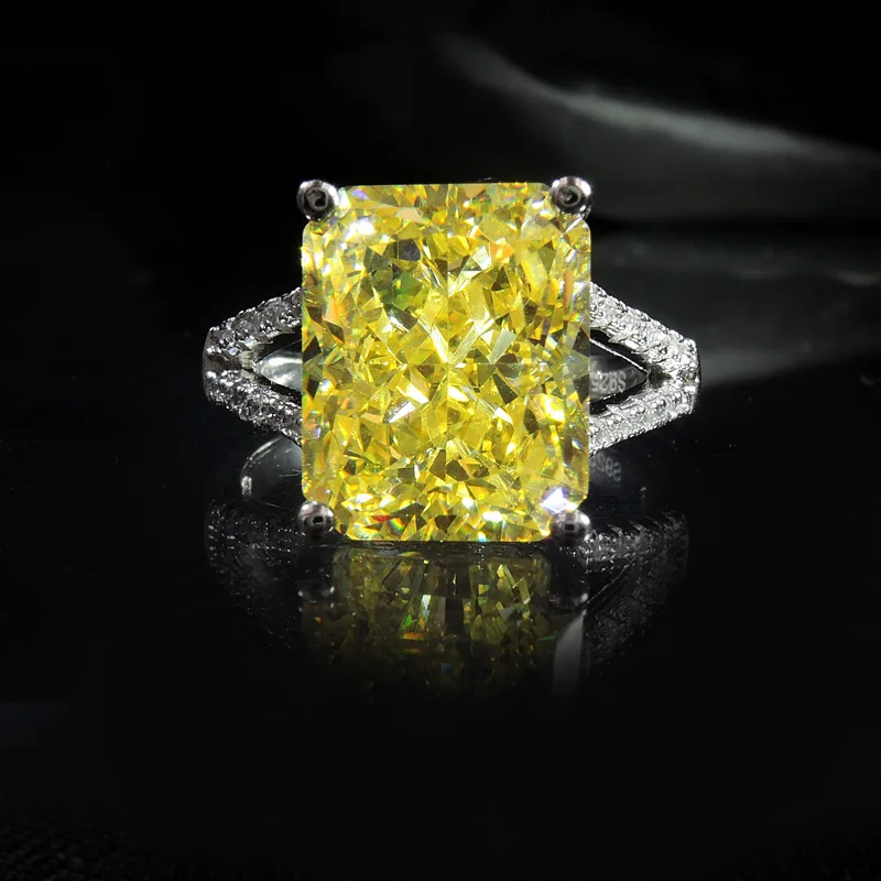 

925 Sterling Silver Pillow-Shaped Cut Square Diamond Yellow Diamond 4CT Carat Classic Simulation Big Diamond Ring Ring High Carb