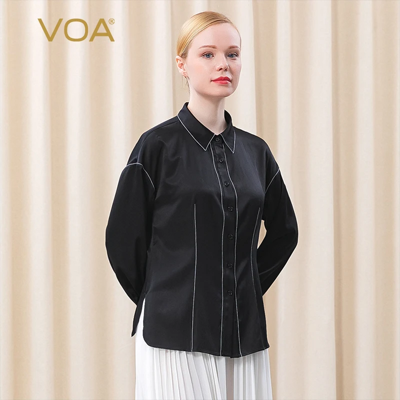

VOA черная шелковая эластичная атласная рубашка-поло с воротником и открытой нитью, однобортная модная женская рубашка BE397