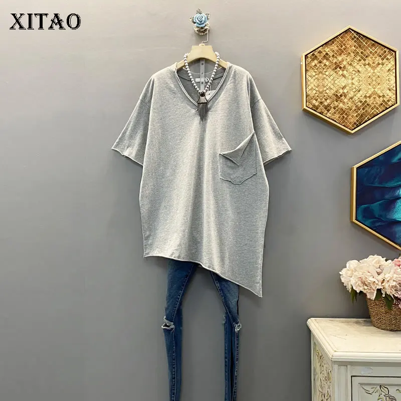 XITAO Корейская v образный вырез одноцветная Повседневная футболка свободная плюс